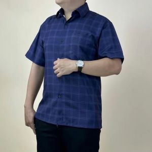 Áo sơ mi trung niên ngắn tay caro lụa Hàn in họa tiết 3D chống nhăn