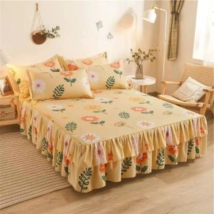 SR2N Floral Printed Double Lace Bed Skirt Three-piece Set Dust-proof 120/150/180CM Bedsheet Pillowcase Four Seasons Thickening 3in1 Bedsheet Set for Kids Adults Bedroom