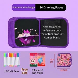 [SG Stock]Kids Reusable Doodle Book 14 Pages Erasable Drawing Pad +12 Chalk Pens & 2 Wet Wipes Travel Art Toy