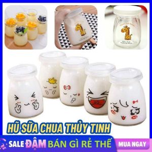 Hũ thủy tinh làm sữa chua 100ml có nắp cho bé hình ngộ nghĩnh dễ thương chịu nhiệt tốt loại dày - Hũ thủy tinh sữa chua hoặc đựng gia vị in hình cute