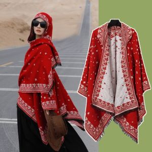 LUMINOU Warm Hooded Shawl Windproof Ethnic Style Tassel Cloak Shawl Fashion Large Cloak Outdoor