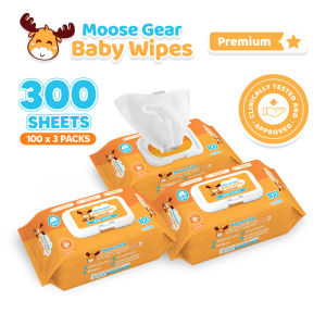 Moose Gear Baby Wipes Premium Baby Scent 300sheets 3PACKS w/ Vitamin E & Aloe Extract Thick & Soft