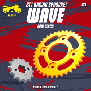 415 / 428 WAVE100R / WAVE125 / RHINO [KTNS] / MSX125 / WAVE 110 / ALPHA / DASH 125 / FUTURE / EX5 FI / EX5 KAMBING SPOKET DEPAN WARNA PERAK  BELAKANG WARNA EMAS / NIPIS / TEBAL / BESAR / KECIL WARNA EMAS RATIO MOTOR MOTORSIKAL KEKULI KERAS