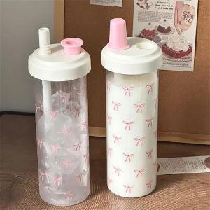 500/850ML Pink Bow Straw Water Bottle With Lid Cute Coffee Bubble Milk Tea Plastic Cup For Outdoor School Drinking Water Bottles2026