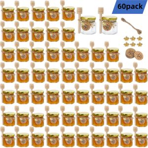 12/20/30/50/60Pcs-Mini Honey Jars with Dipper Hexagonal Glass Honey Jars Glass Sugar Jars with Lids Kitchen Glass Sealed Jars Available in Various Capacities of 1.5/2/3oz Come with Bee Pendants Twine and Card Tags Perfect for Baby Shower Gifts We