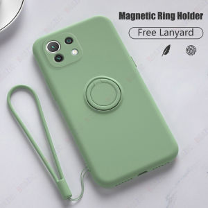 ROAZIC For Xiaomi Mi 11 11 Lite 5G NE Ultra Pro Phone Case With Lanyard Soft Liquid Silicone Casing Ring Holder Shockproof Bracket Back Cover