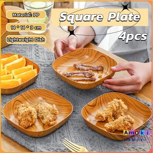 AmoKi 4pcs Plate Set Kitchenware Plastic Wooden Design Square Snack Tableware Kitchen Supplies