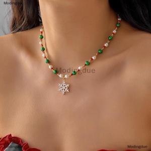 [COD] Modingdue Red And Green Christmas Necklace Christmas Tree Snowflake Pendant Collarbone Chain Contrasting Bead Necklace