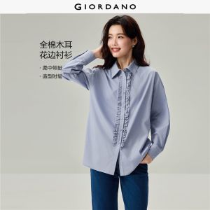 Giordano Women 100% cotton ruffled placket long sleeve shirt Free Shipping 05346878
