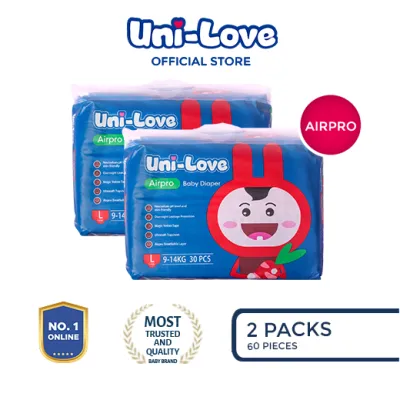 UniLove Airpro Baby Diaper 30s (Large) Pack of 2 - Hypoallergenic | Super Absorbent | Ultrasoft | Neutralizes PH Level | Double Leakguard | Taped type | Breathable