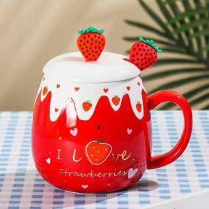 Cute fruit-shaped ceramic water cup and mug with a lid spoon large capacity mug household water cup milk and coffee cup