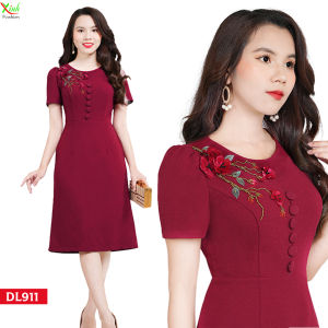 Đầm Đỏ Mận Kết Hoa Cườm Thủ Công Cao Cấp DL911 Đầm Dự Tiệc Tuổi Trung Niên