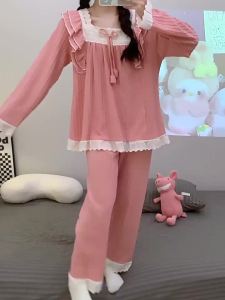 5XL Plus Size Pajama Set for Women Soft Cotton Princess Style Sleepwear Long Sleeve Pants with Square Neck Home Suit