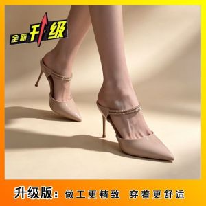 [Free Shipping] Baotou One-Strap Rhinestone Sandals For Women Summer Outdoor Fashion 2026 New Style Elegant Half-Slipper Stiletto Heels