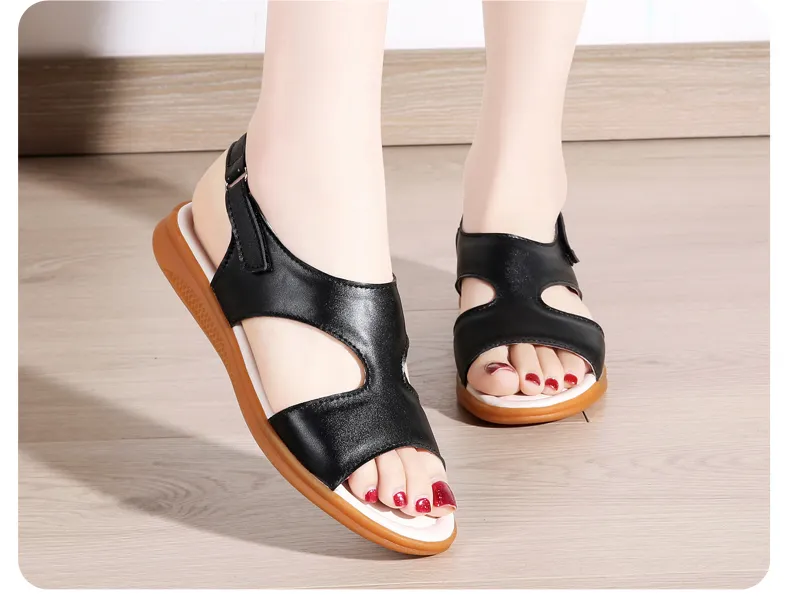 DOSREAL Flat Sandals For Women Leather Korean Style Summer Women Shoes  Black White Soft Sole Lady Shoes Women Flats Heels Sandals