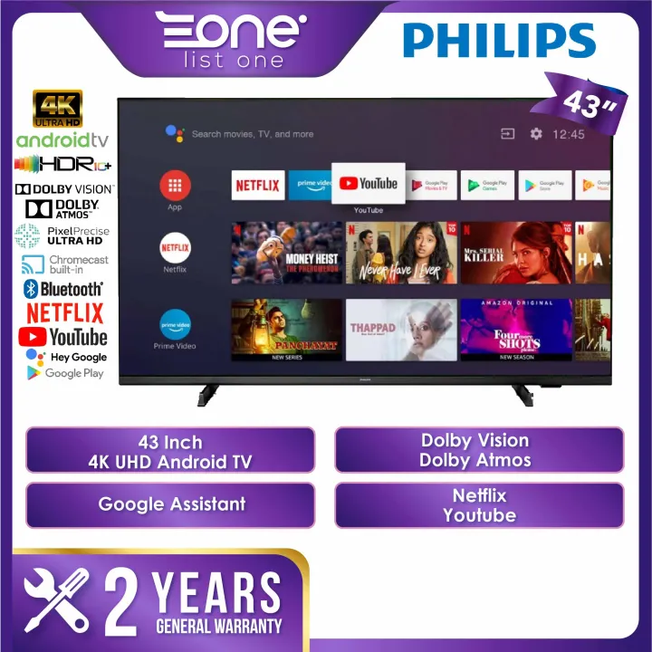 Philips 43 Inch 4K UHD Android TV | Netflix & Youtube | Dolby Vision Atmos | Voice Control 43PUT7406
