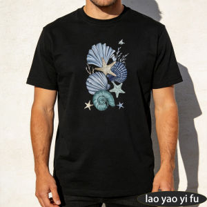 [Local Stock] HBESTY  Ocean Seashell Starfish Coral Summer Men Cotton Crew Neck T-Shirts Nautical Aquatic Shell Print Coastal Ocean Nature Holiday Tee