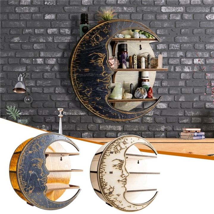 SKJK Rustic Wooden Home Decor Gothic Floating Wall Mounted Moon Shelf ...