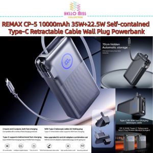 REMAX CP-5 10000mAh 35W+22.5W Self-contained Type-C Retractable Cable Wall UK/US/EU Plug Powerbank - 3C Certified