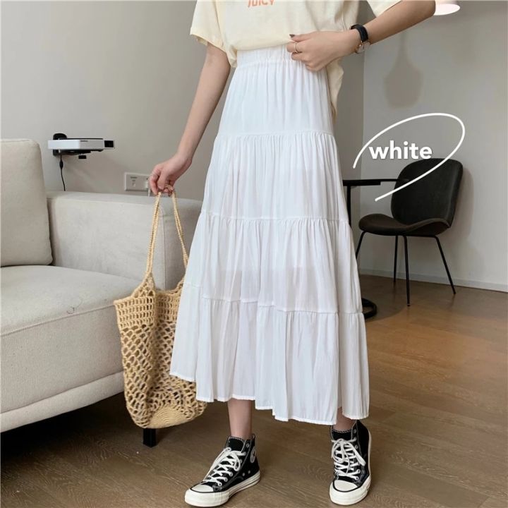 Summer Women Chiffon Skirts Vintage High Waist Elastic Patchwork White ...