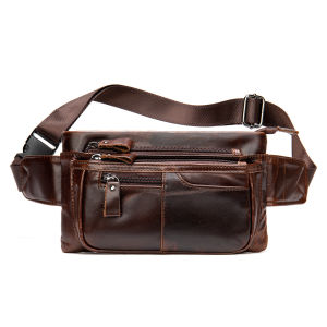 EDERN Retro Crazy Horse Leather Waist Bag for Men Multi-pocket Casual Mens Waist Pack Chest Bag Cowhide Sling Bag Belt Bag Phone Pouch