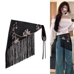 HEALMEYOU Chinese Style Triangular Waist Belt Tassel Printing Butt Curtain Skirt Split Y2K Floral Triangular Belt Streetwear