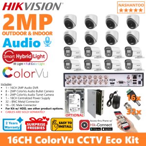 HIKVISION 16CH 2MP 16Cameras (8 Outdoor Bullet 8 Indoor Turret/Dome) ColorVu Audio Camera Package 16CH DIY CCTV ECO KIT 16/16CRA2 ECO-CPS(8B8D) NASHANTOO (with optional HDD)