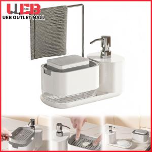 UEB Manual Push Soap Boxsoap Dispenser with Tray and Sponge Holder Dish and Hand Soap Dispenser for Kitchen Sink
