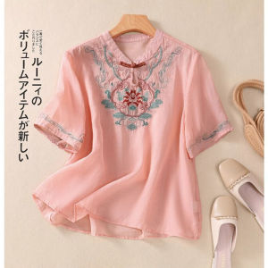 LUCKIN STORE Cotton Linen Womens top Women Blouse Short Sleeve Shirt Casual Loose Basic Tops Working Ladies Ethnic top women blouse