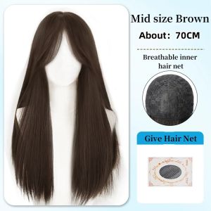 【French Bangs】 Black Long Straight Wig with Breathable Hair Net 70CM Hair Wigs Black/Brown Hair Extension Fluffy Natural Full Head Cover Wig Piece