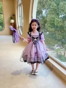 Kids Kuromi Star Printed Lolita Princess Girls Purple Mid-Calf Short Sleeves Long Dress Baby Girl Birthday Outfit Kuromi Gown Halloween Costume