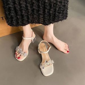 [Free Shipping] Womens Chunky Heel Sandals 2025 New Model with Rhinestones Transparent Mid-Heel High Heels for Summer Versatile and High-Quality Shoes to Match with Skirts