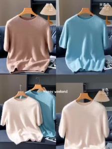 100% Mink Cashmere Knitted Short Sleeved Mens Loose Round Neck Solid Color Half Sleeved Simple T-Shirt Casual Business Cashmere2026