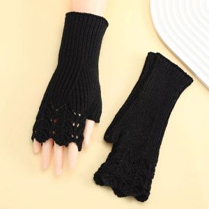 HUNIU Khoét rỗng Găng tay dệt kim Nửa Ngón Tay Cổ điển Găng tay móc hoa Mềm mại Màn hình cảm ứng Găng tay không ngón Các cô gái