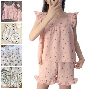 SWEET TIM pajamas for women 睡衣 Cartoon Sleeveless Nightwear Cherry Ruffled Sleepwear Women Sweet Bear Short Pajamas Set Girl Gift