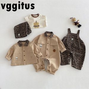Kids Girl Boy Spring Autumn Set Leopard Print Suspender Pants Beige Jacket Romper Cartoon T-shirt Toddler Casual Clothing B61172026