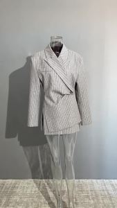 Fashion New Grey Striped Suit Short Coat Slim-Fit V-Neck Long-Sleeved Suit Waisted Slim-Fit Blazers Jackets Women