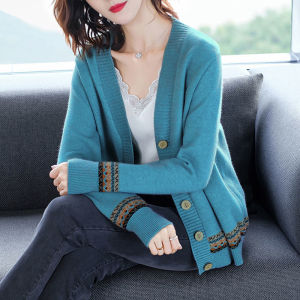 Spring and Autumn V-neck Matching Long-Sleeved Knit Coat Sweater