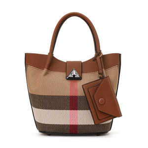 Aidrani  Genuine leather canvas bag plaid pattern womens handbag  fashion design cowhide bag basket shaped brown color