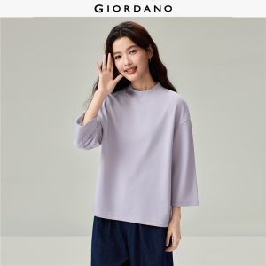 GIORDANO Women Sweatshirts Cotton French Terry Sweatshirts Mock Neck 3/4 Sleeve Fashionable Casual Relaxed Sweatshirts 13326636