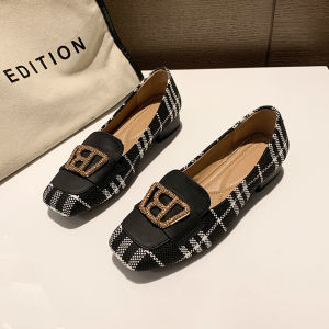 Free Shipping 2026 New Style Plaid Color-Blocked Square-Toe Single Shoes For Women Featuring A Chunky Heel Shallow Opening Metal Buckle Fashionable Design Versatile Style And Soft Sole For Casual Wear