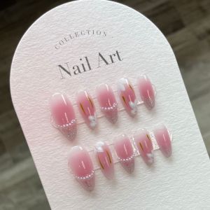 [HANDMADE]Momoya Spring Flower Gentle Pink Pearl Artificial Nail Phototpy Nails Reusable and Removable Nails