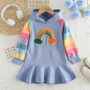 Bear Leader Autumn New Rainbow Dress for Baby Girls Colorful Towel Embroidery Party Princess Dress Korean Version Long Sleeves Kids Clothes Casual Hooded Sweatshirt Outfits 2-6 Years