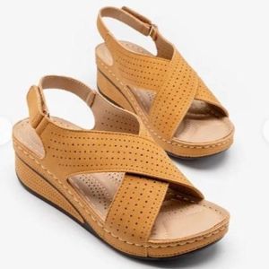 [Free Shipping] New Summer Womens Sandals with Wedge Heel Stitched Design Breathable Velcro Closure Hollow Design Plus Size Womens Shoes