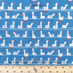 ผ้าคอตต้อนลินิน เนื้อหนา ลายเป็ดขาว พื้นฟ้า หน้ากว้าง 60 นิ้ว ผ้าเมตร ผ้าหลา