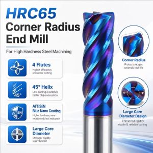 ZFZDR0LH HRC65 Carbide End Mill Tungsten Steel 4 Flutes CNC Cutting Tools Durable Blue Coating Milling Cutter