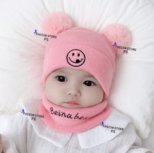 topi kupluk bayi pompom bordir smile tanpa syal topi bayi laki laki lucu umur 3 bulan - 2 tahun