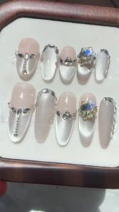 【5in1 Toolkit+HANDMADE】Artificial Nail Champagne French cat-eye with diamonds Press-On Nails Kit Oval Fake Nails with Tools Reusable Salon-Quality DIY Manicure Set for Women