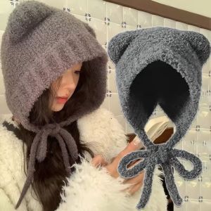 Cute Bear Ear Wool Hat Autumn and Winter Warm Versatile Lace-up Ear Protection Knitted Bomber Cap Bonnets for Women