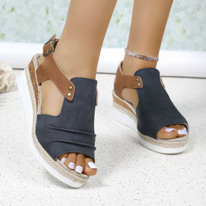 SHUNAICHI Cross-border large-size slope heel fish mouth sandals womens summer new buckle outer wear beach cool slippers ebay European and American foreign trade